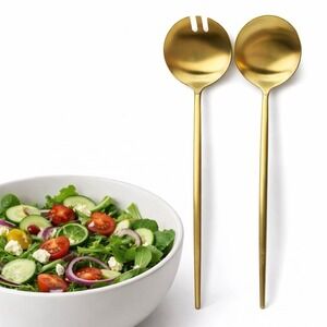 TAJA Collection Gold Stainless Steel Salad Servers Set Modern Brass Tone 11.8"